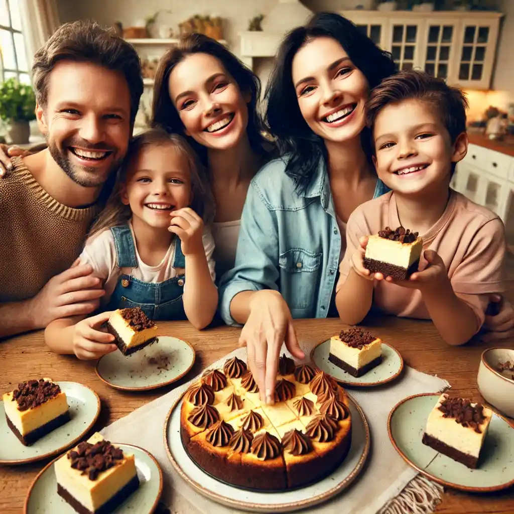 A family of four happily enjoying Cheesecake Brownies at a cozy kitchen table, with rich and creamy Cheesecake Brownies as the main focus.