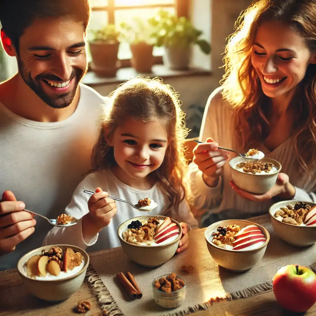 A young family of four sharing Cinnamon Apple Yogurt Bowls at a cozy breakfast table, smiling and enjoying the meal together.