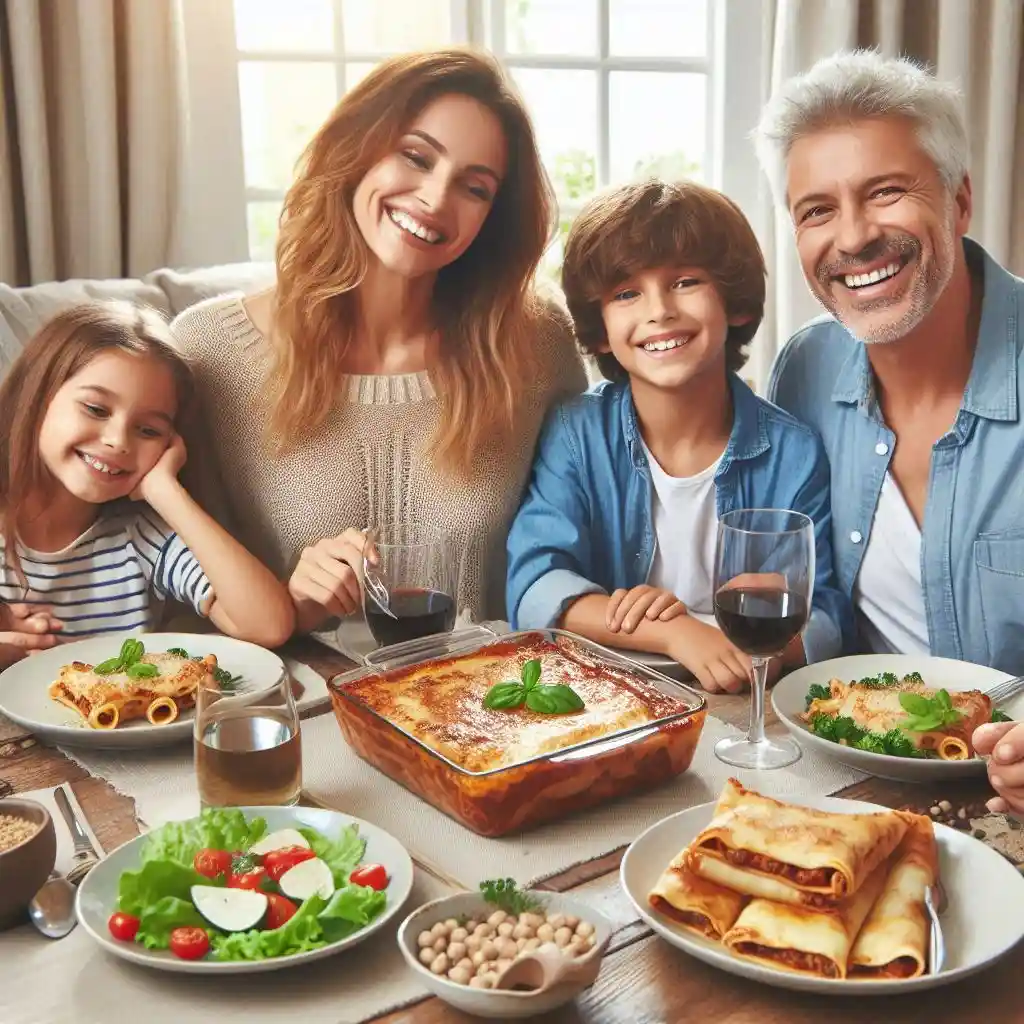 Family of four eating dinner with Classic Italian Lasagna as the main dish on the table