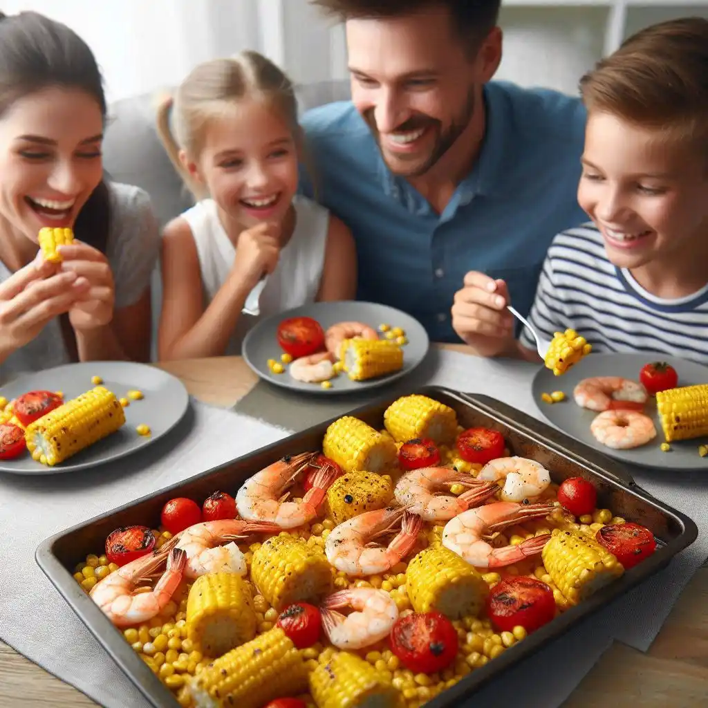 Family of four eating a sheet pan dinner with shrimp, charred corn, and tomatoes.