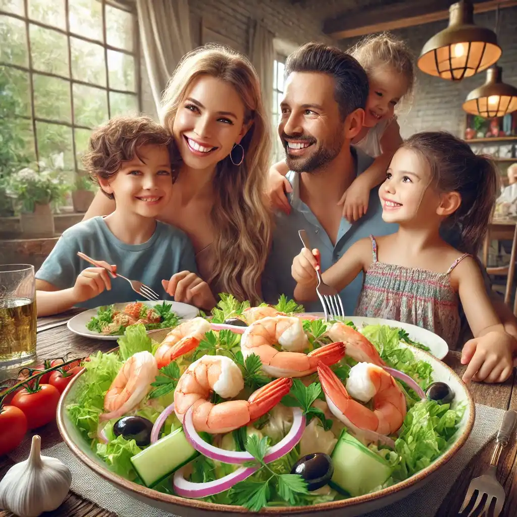 A family of four, two adults and two children, enjoying a shrimp salad with Italian flavors at a cozy dining table, with natural light and a warm atmosphere.