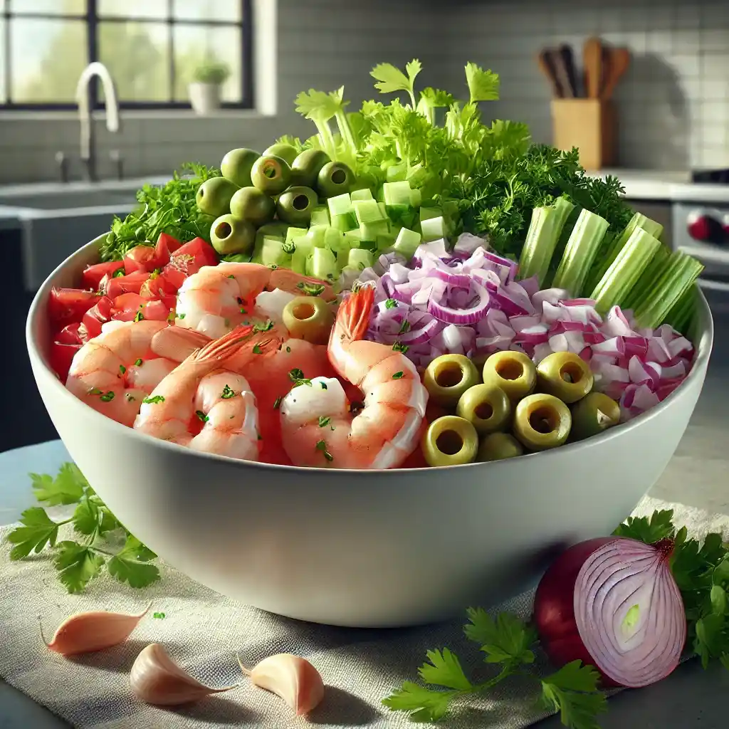 A large mixing bowl filled with shrimp, celery, olives, red onion, garlic, and parsley, ready to be mixed into a salad.