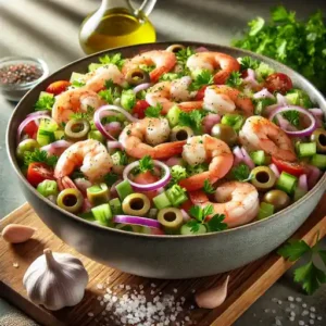 A vibrant shrimp salad with celery, olives, red onion, garlic, parsley, olive oil, and lemon juice in a bowl.