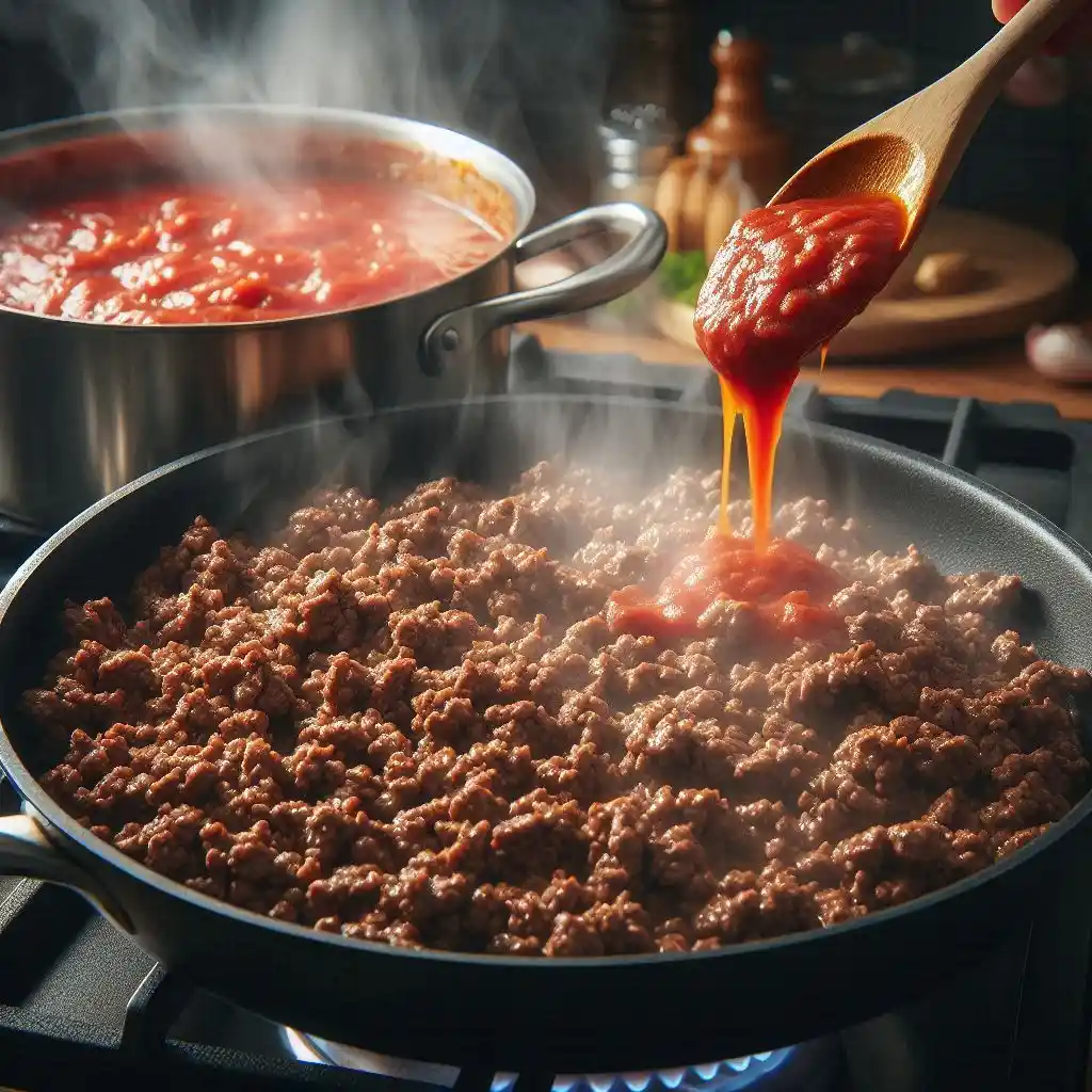 Ground beef browning in a skillet with marinara sauce simmering.