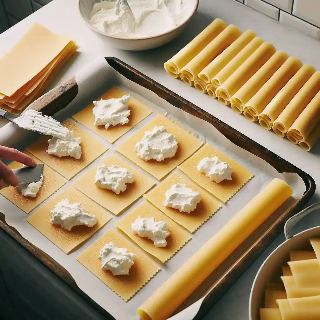 Dry lasagna noodles being spread with ricotta mixture on wax paper, some rolled up in a baking dish.