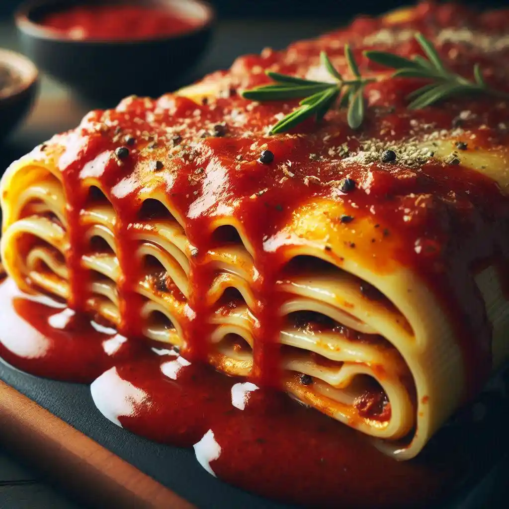 Plate with lasagna roll topped with sauce