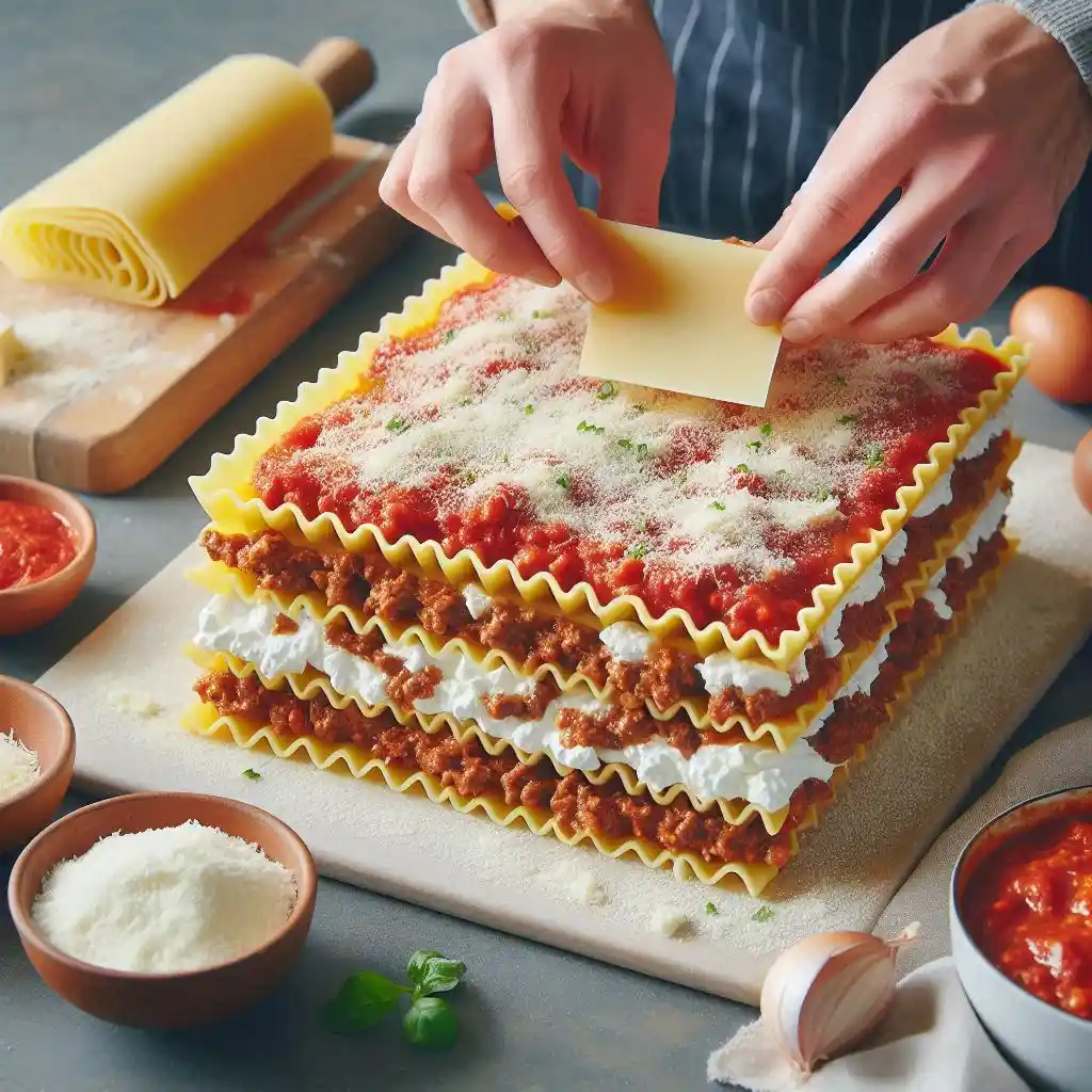 Assembling lasagna with layers of meat sauce, noodles, cottage cheese mixture, and mozzarella, topped with Parmesan and mozzarella.