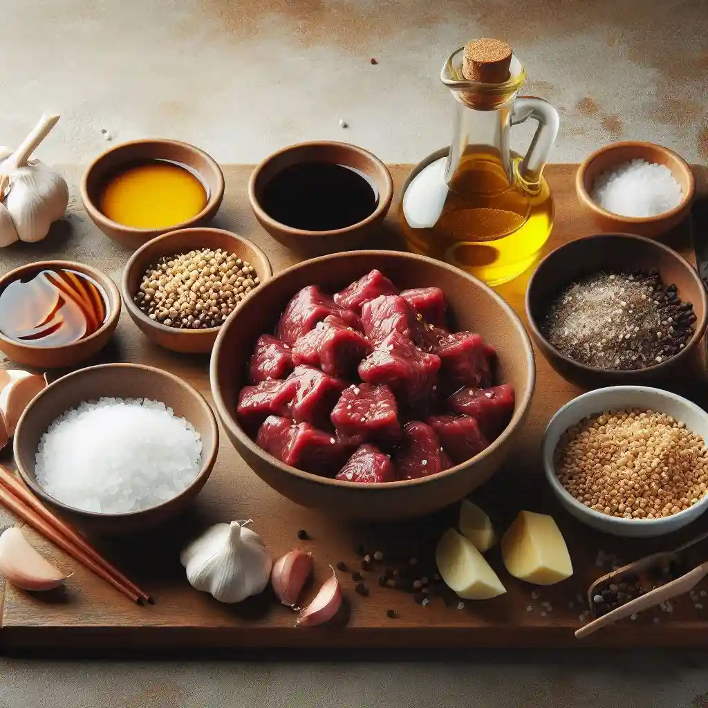 A bowl of marinated beef cubes with soy sauce, honey, and spices, ready to infuse flavor before grilling.