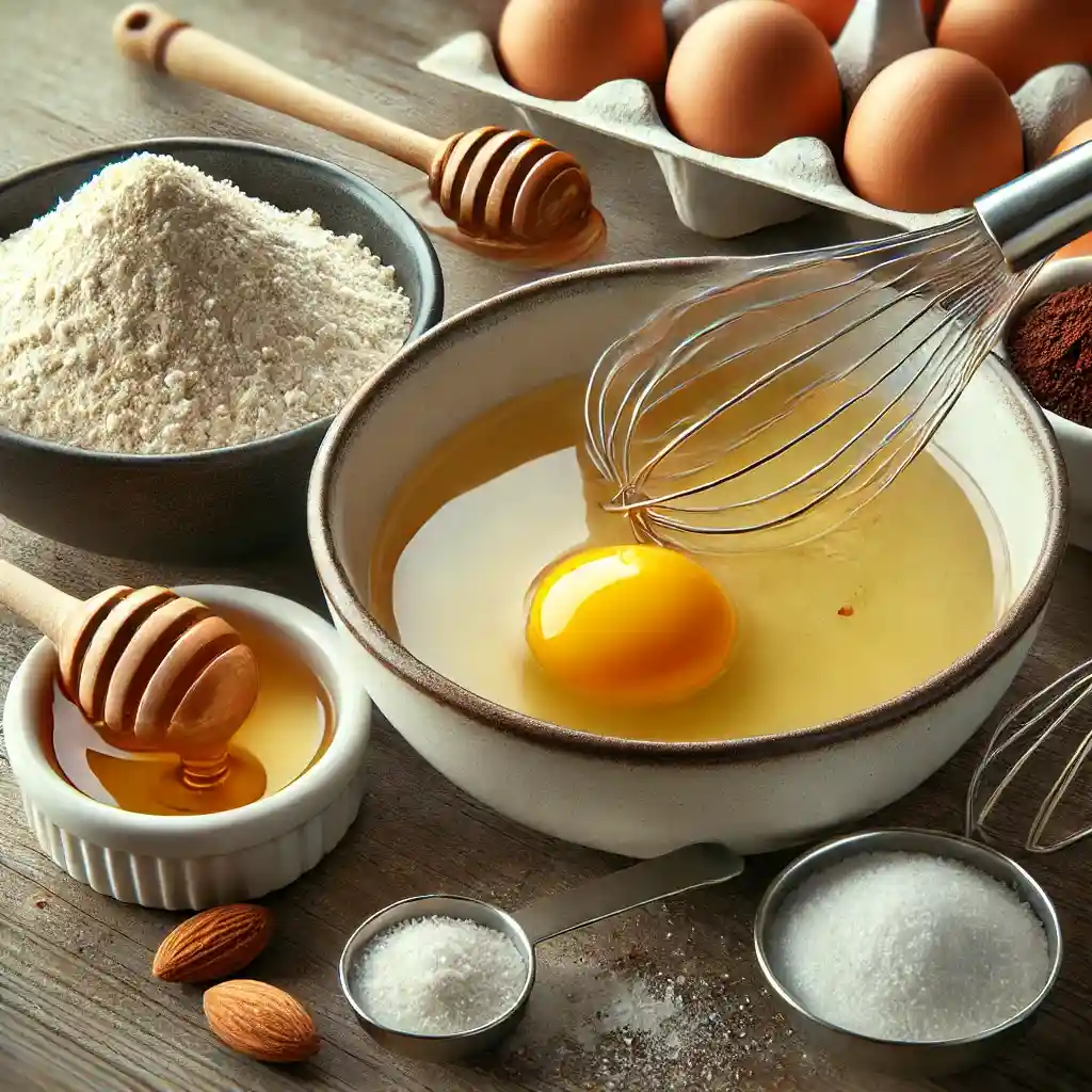 kitchen scene showing a bowl of wet ingredients being whisked, alongside a bowl of mixed dry ingredients, ready for baking.