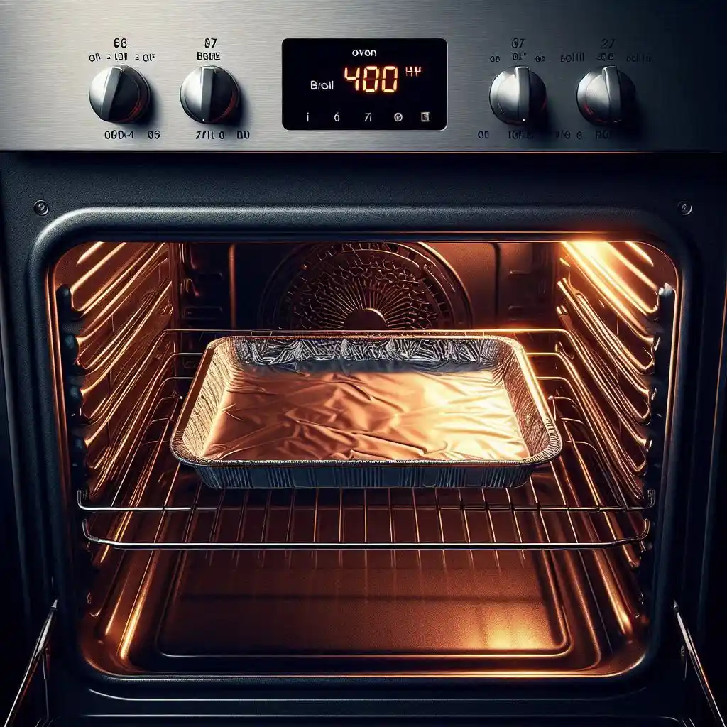 Oven set to broil with a rack positioned 6 inches from the heating element and a sheet pan lined with aluminum foil.