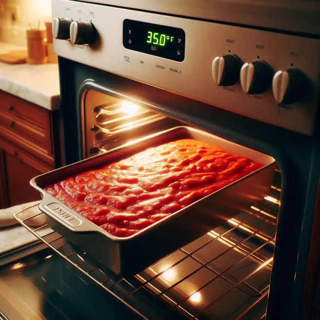 9 x 12 baking dish with 1 cup of tomato sauce at the bottom, placed in a preheated oven set to 350°F.