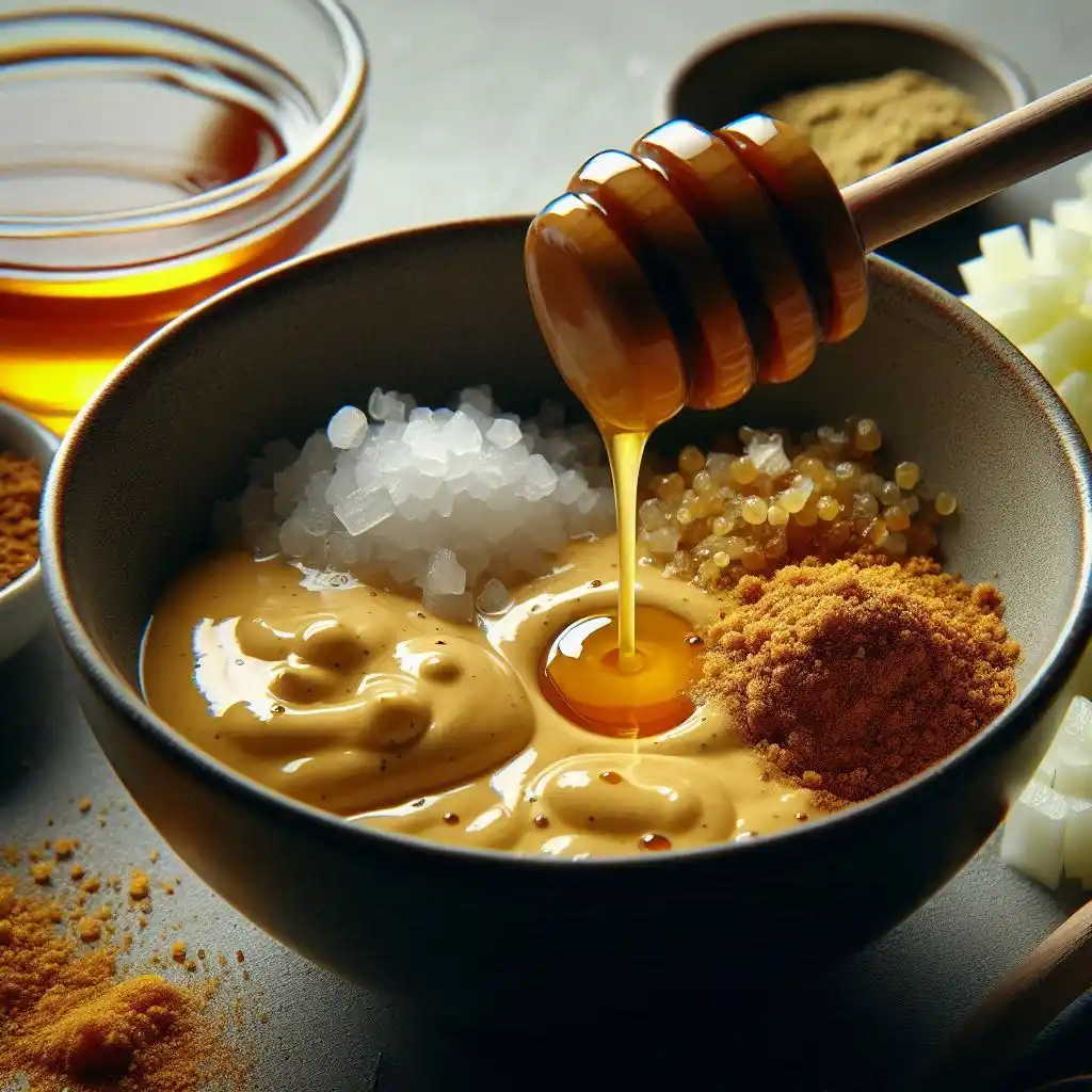 Bowl with Dijon mustard, honey, onion powder, and kosher salt being mixed to create a mustard-honey mixture.