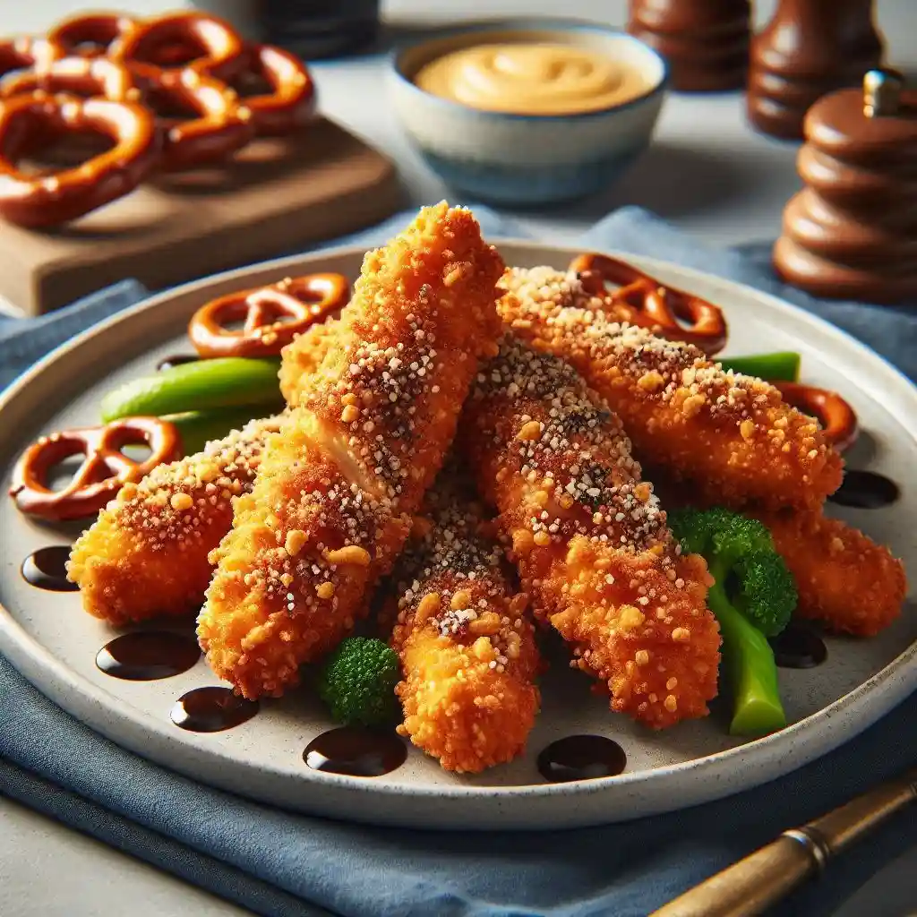 Pretzel crusted chicken tenders served on a plate