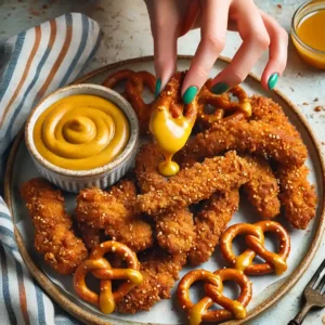 A plate of crispy pretzel-crusted chicken tenders with honey mustard sauce.