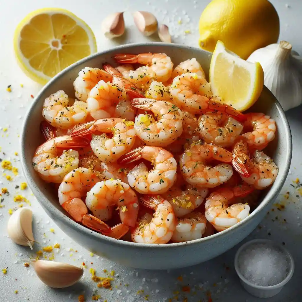 Bowl of shrimp seasoned with olive oil, garlic, Old Bay, lemon zest, and kosher salt