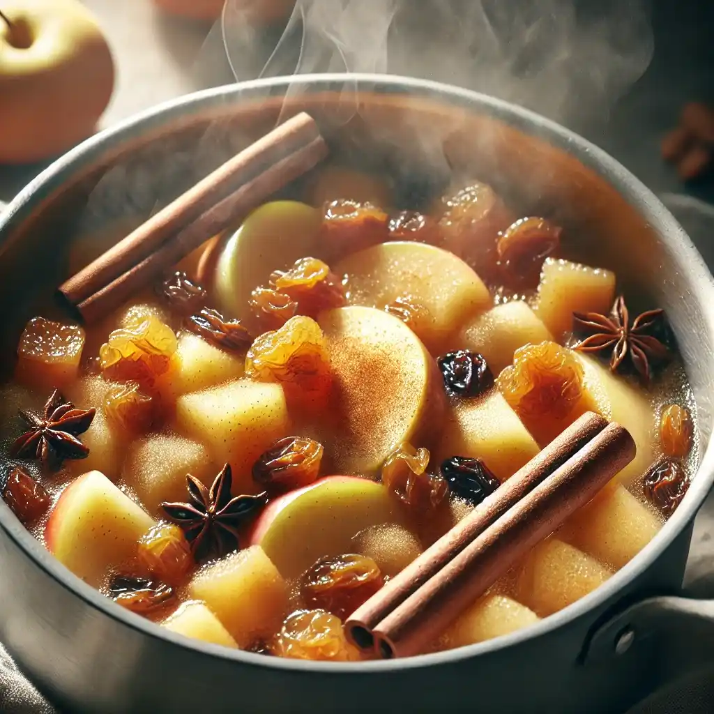 A close-up of a pot with diced apples, golden raisins, cinnamon, and nutmeg simmering in water, releasing fragrant steam.