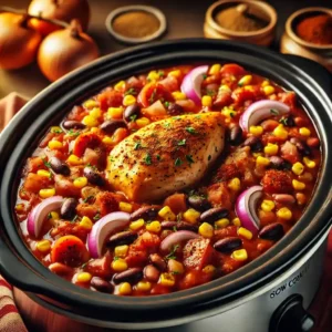 Slow cooker filled with chicken, beans, corn, tomatoes, and spices.