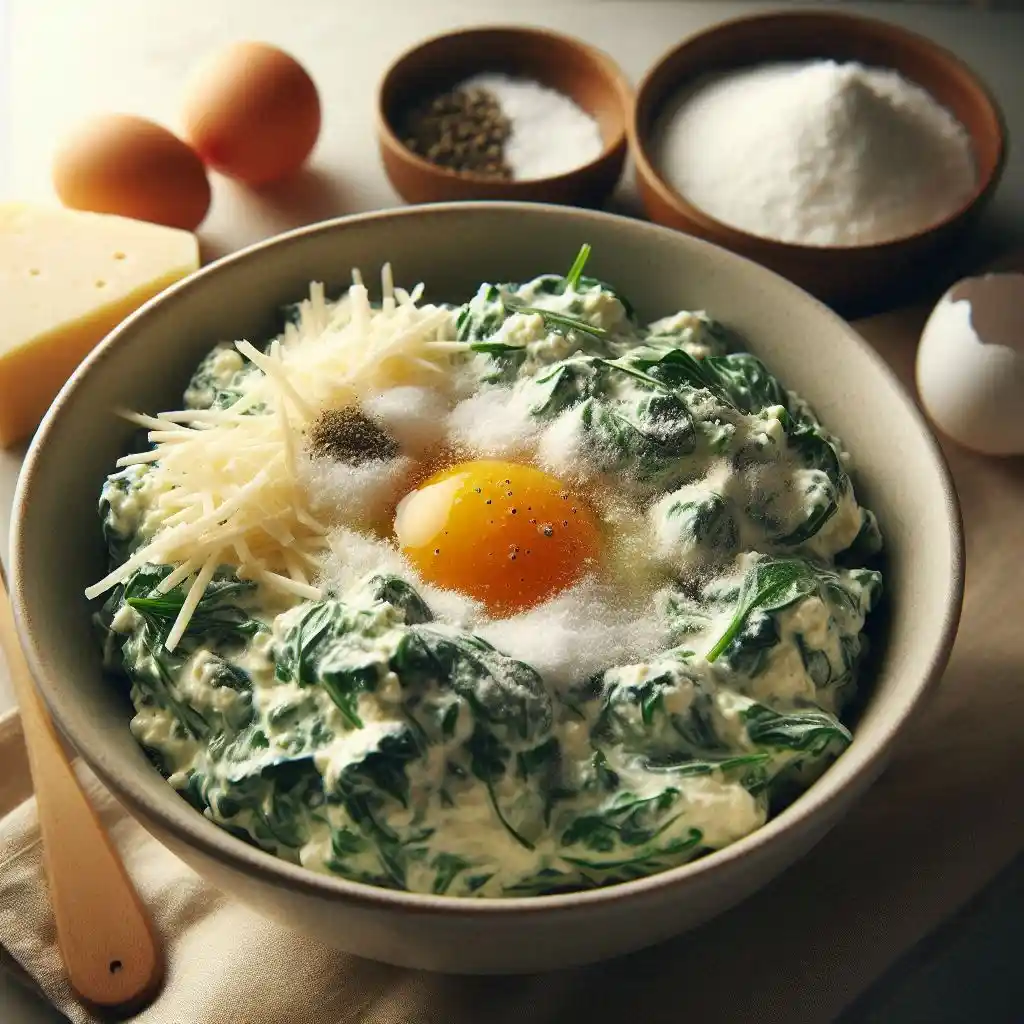 A bowl of mixed spinach, ricotta, Parmesan, egg, salt, and black pepper in a kitchen setting.