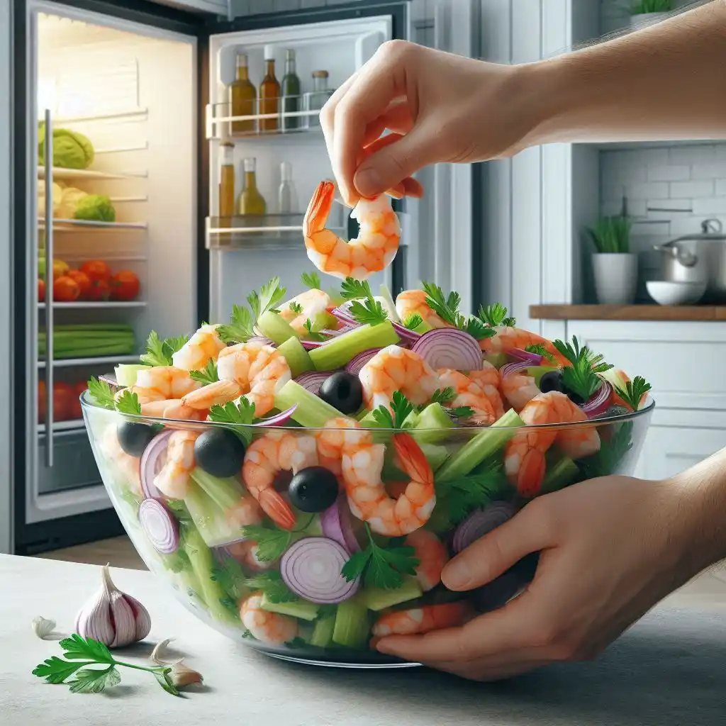 A person tossing a shrimp salad with celery, olives, red onion, garlic, and parsley, preparing to place it in the fridge.