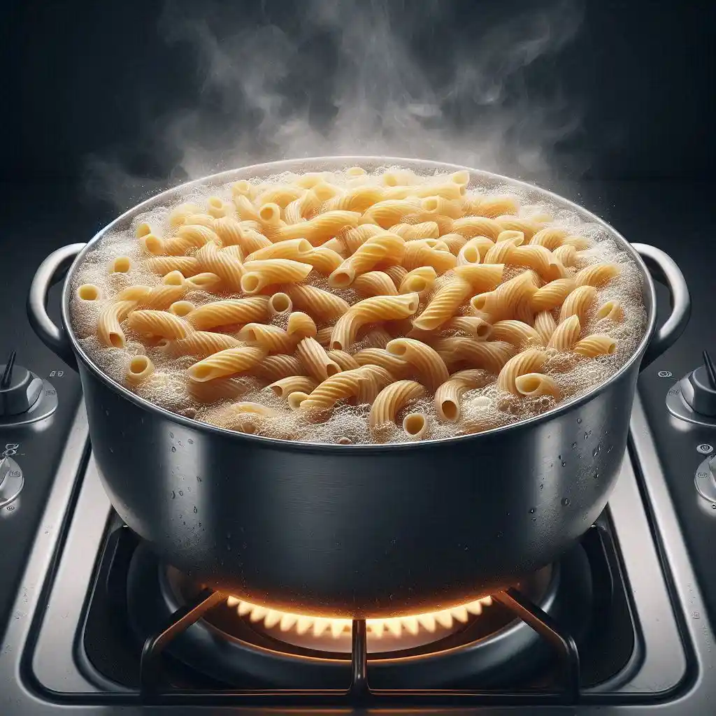 Large pot of salted water boiling with pasta cooking until al dente, then drained and cooling.