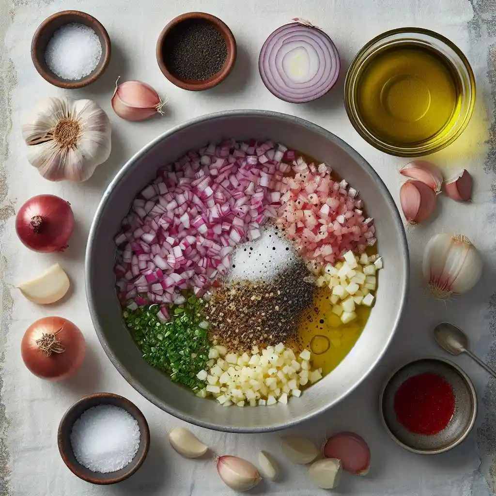 Mixing bowl with minced garlic, chopped shallots, red wine vinegar, olive oil, salt, and pepper, resting to develop flavors.