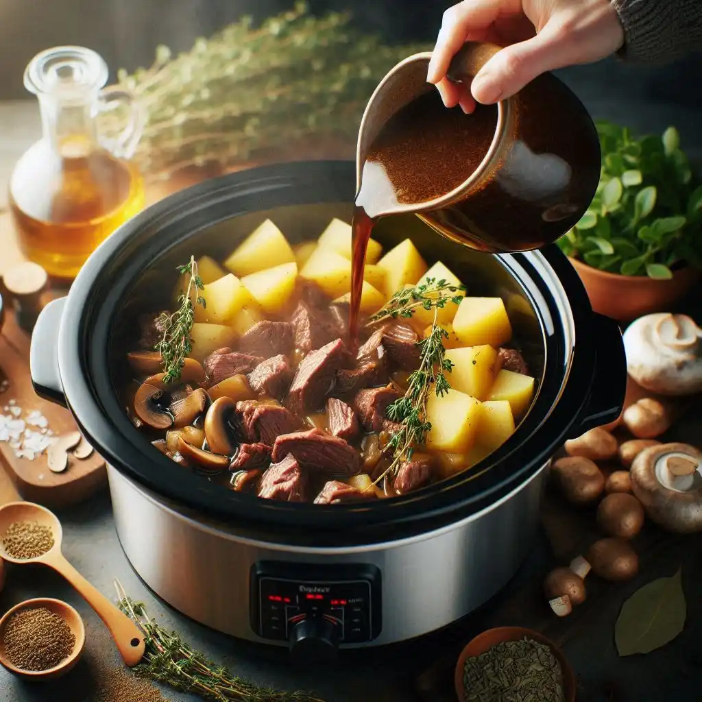 Potatoes, mushrooms, thyme, and bay leaves in a slow cooker with broth being poured over.