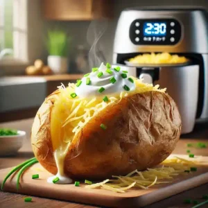 A perfectly baked potato in an air fryer topped with sour cream, chives, and cheese.