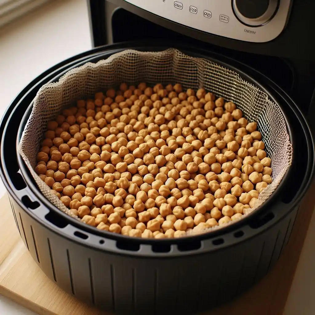 Chickpeas in an air fryer basket, spread out in a single layer, ready for cooking.