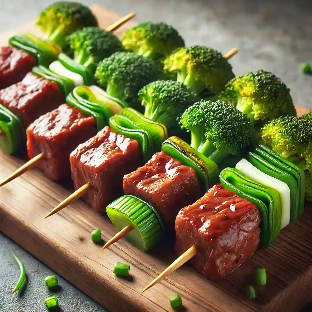 Skewers with marinated beef, broccoli, and scallions ready to grill