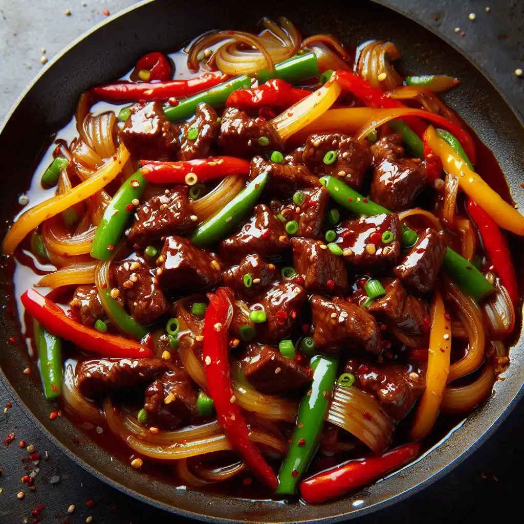 Beef stir-fry with bell peppers and onions in a thick savory sauce with red pepper flakes.