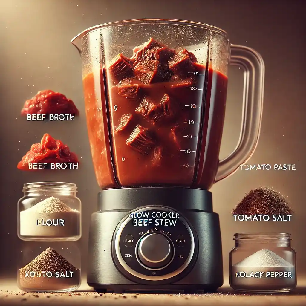 Close-up of a blender containing beef broth, flour, tomato paste, kosher salt, and black pepper, blending into a smooth mixture.