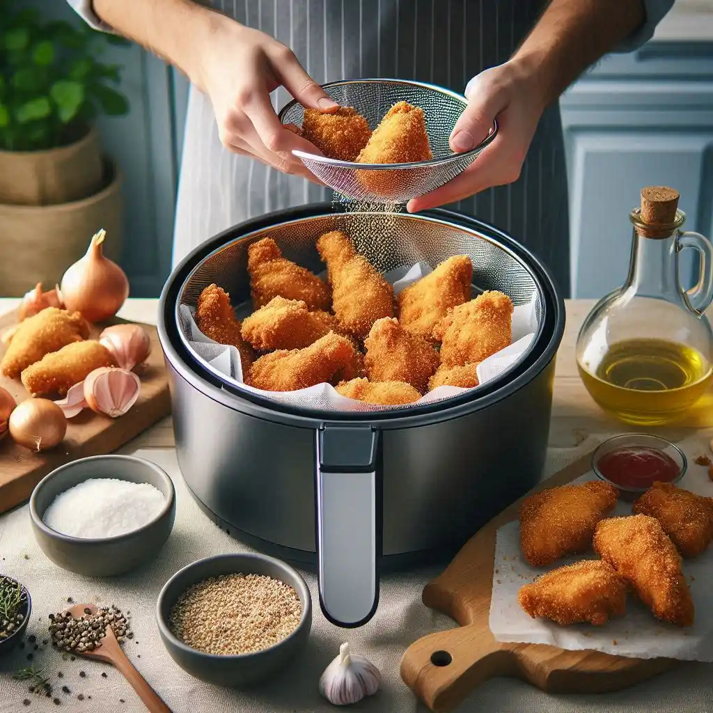 A kitchen countertop scene showing the breading process for chicken. Includes bowls with seasoned flour and a beaten egg, and an air fryer basket ready for the coated chicken. Olive oil spray is nearby to highlight the preparation steps.