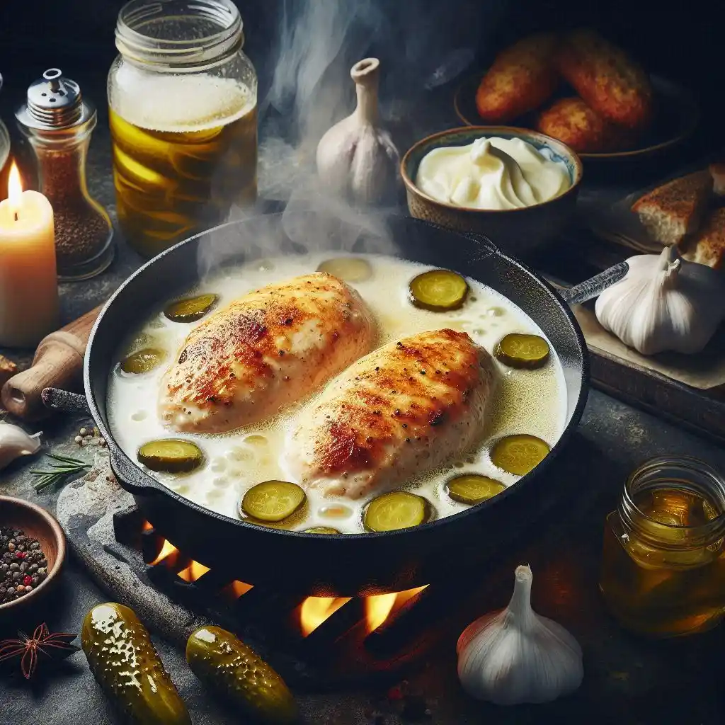 A bowl of buttermilk and pickle juice brine with two boneless chicken breasts submerged, illustrating the brining process for flavorful chicken.

