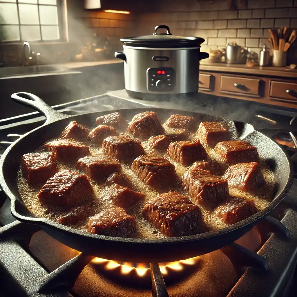 Chunks of beef browning in a skillet over high heat with oil spray, ready to transfer to the slow cooker.