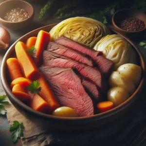 Close-up of corned beef and cabbage with vegetables