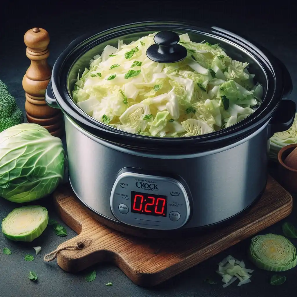 After 4 hours, add the cabbage and cook on high for an additional 1 hour and 20 minutes, or until the cabbage is tender.