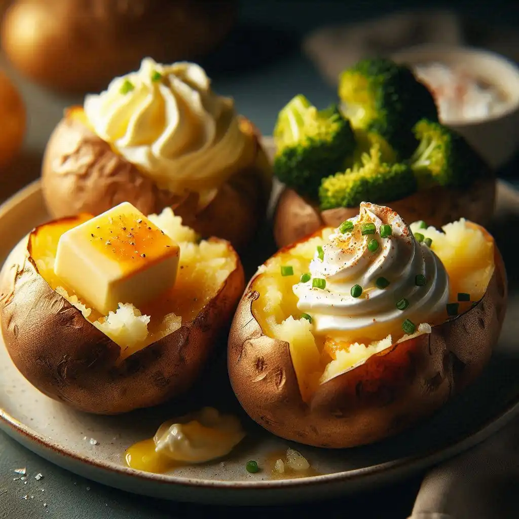 Split open baked potatoes topped with butter, broccoli and cheese, and Greek yogurt with chives, served with salt and pepper.