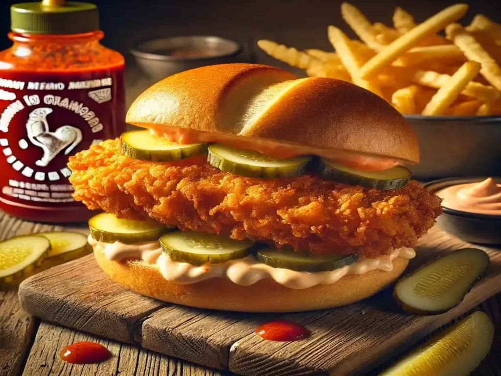 A realistic crispy air fryer chicken sandwich with spicy Sriracha mayo and dill pickles on a rustic wooden table.