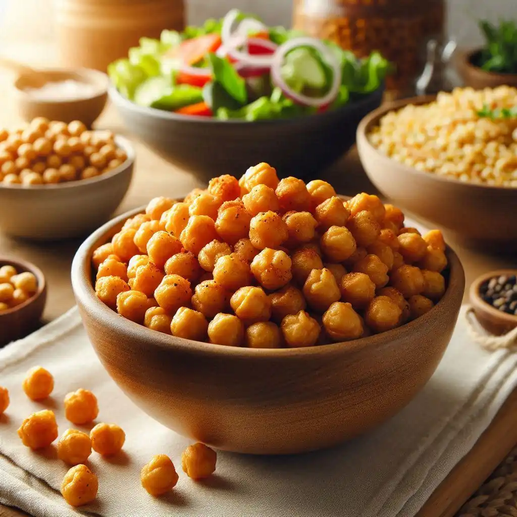 Bowl of crispy air fryer chickpeas cooling on a counter with salad and grain bowl in the background.