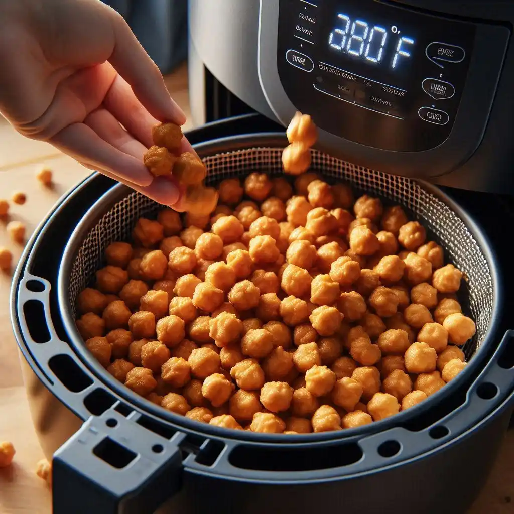 Crispy chickpeas cooking in an air fryer at 380°F.