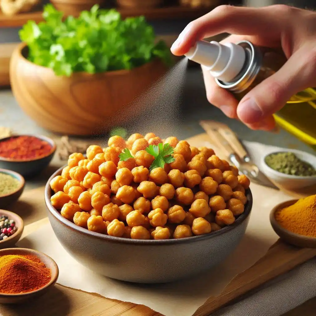 Bowl of crispy air fryer chickpeas with olive oil and seasonings on a kitchen counter.