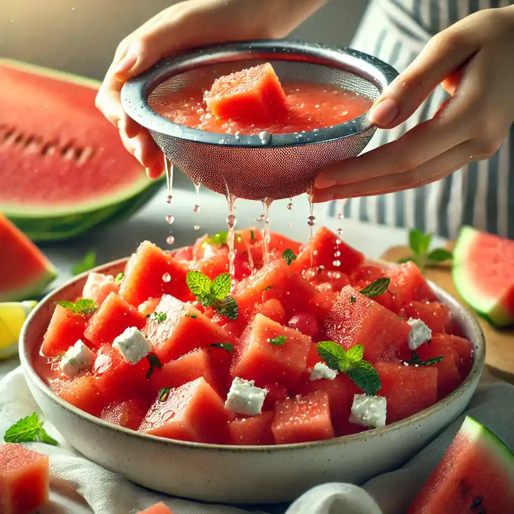 Hands draining excess juice from a bowl of fresh watermelon salad with feta.