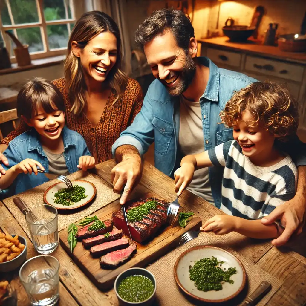 A loving family of four gathered around a wooden dining table, smiling and sharing a meal of flank steak with chimichurri sauce during dinner.