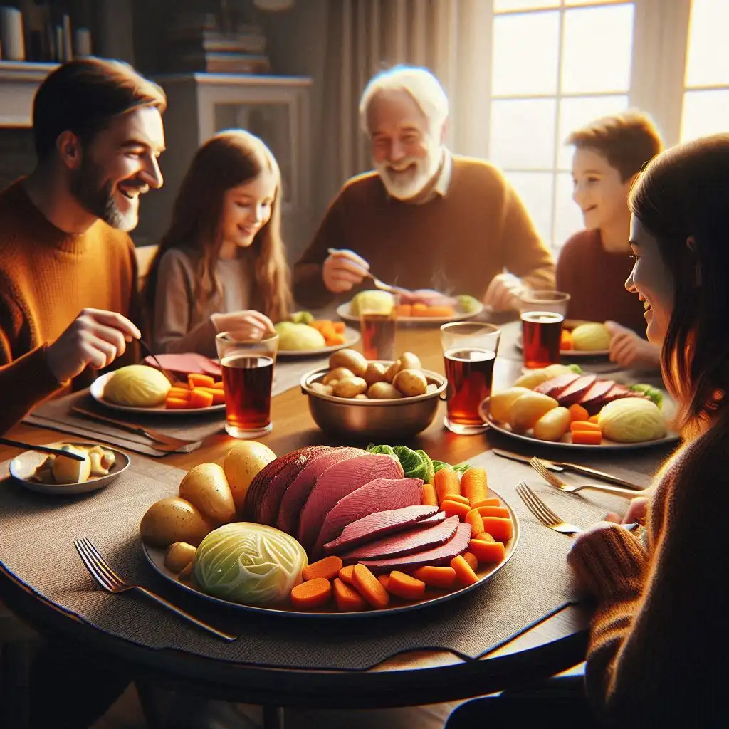 A family of four enjoying dinner at a cozy table, with a variety of dishes, smiling and engaged in conversation.