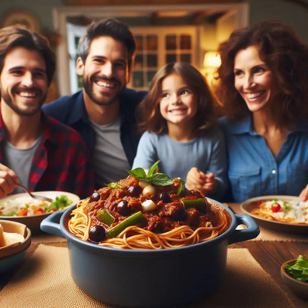 A close-up of a family of four enjoying a delicious dinner featuring Instant Pot or Stovetop Ropa Vieja, highlighting the dish's vibrant colors and textures.