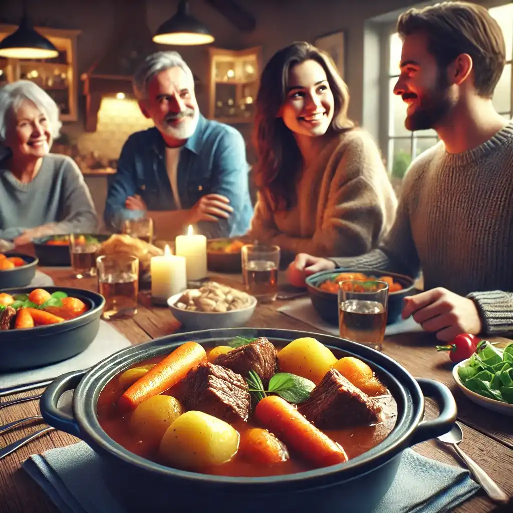 Family of four eating Slow Cooker Beef Stew around a dinner table, with the stew as the main focus.