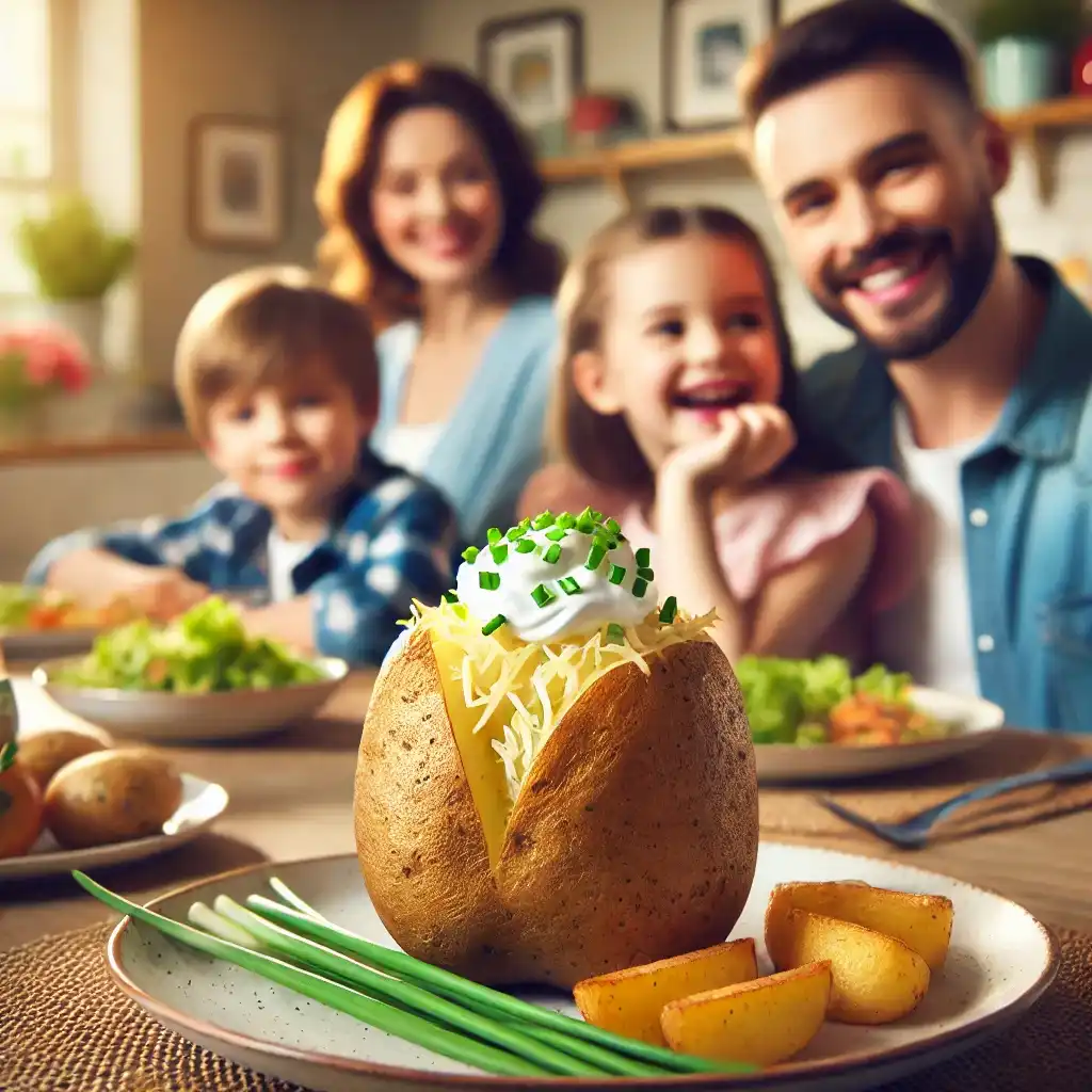 A family of four smiling and enjoying a close-up meal featuring an Air Fryer Baked Potato topped with sour cream and chives.