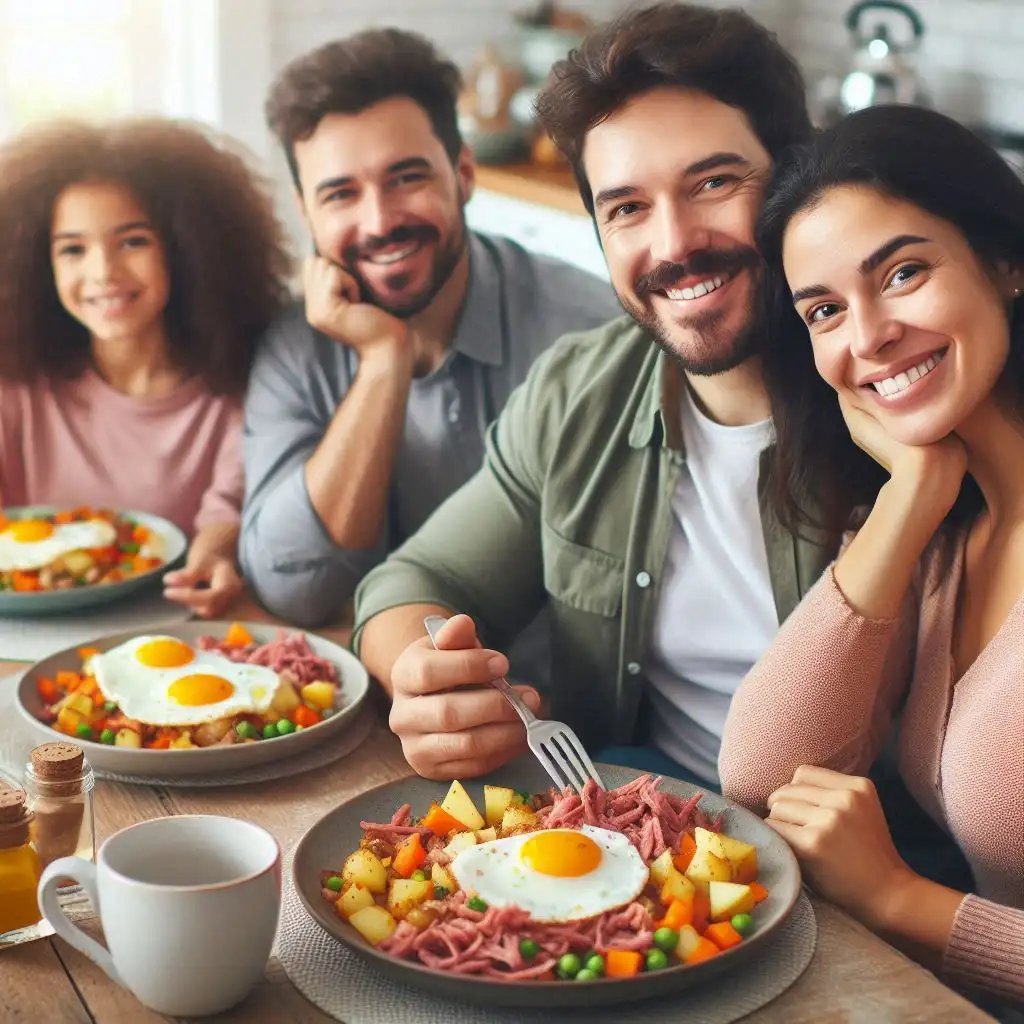 A family of four happily eating breakfast with Corned Beef Veggie Hash and eggs at a cozy kitchen table.