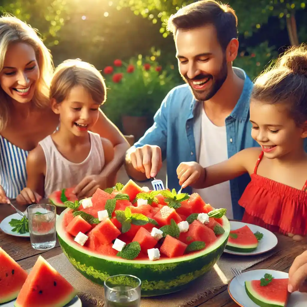 Family of four enjoying Fresh Watermelon Salad with Feta Cheese at an outdoor table in a sunny backyard.