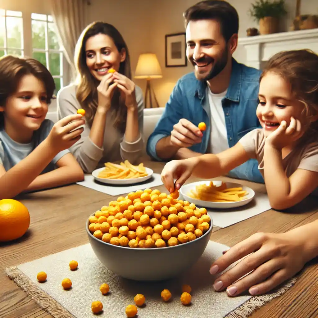 A family of four sitting at a table enjoying crispy air fryer chickpeas